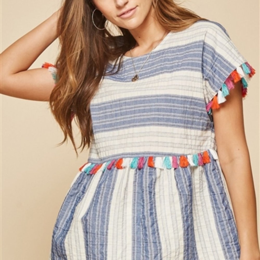 ANDREE by UNIT Boho Pom Pom Tassel Striped Linen Baby Doll Top, Sz 1X